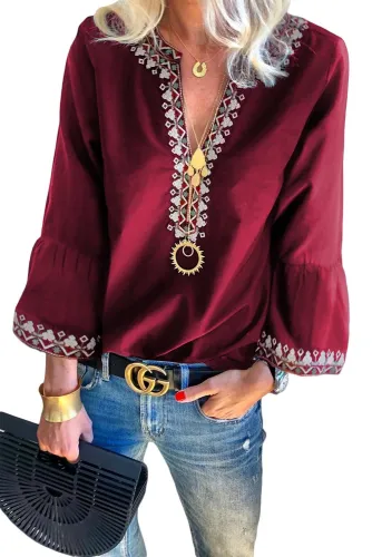 Red Boho Floral V Neck Long Sleeve Casual Top