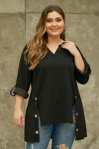 Black V Neck Tab Roll up Sleeve Slits Plus Size Top