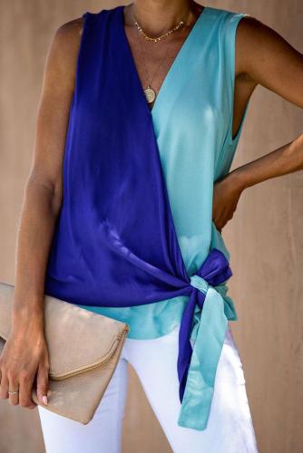 Blue and Turquoise Colorblock Drape Tie Tank Top