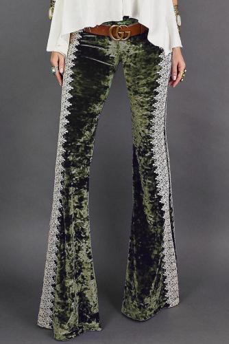 Green Crochet Lace Velvet Flare Pants