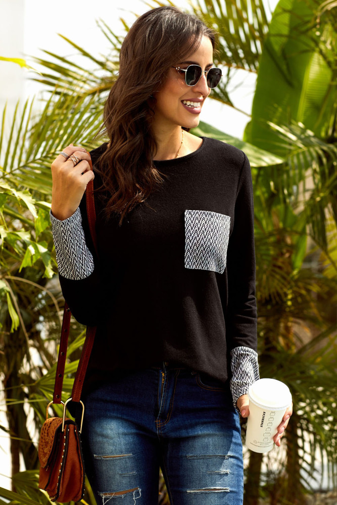 Black Chevron Print Pocket and Sleeve Cuffs Top