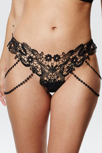Black Beaded Chains Embroidered Lace Thong