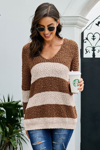 Brown V Neck Loose Color Block Sweater