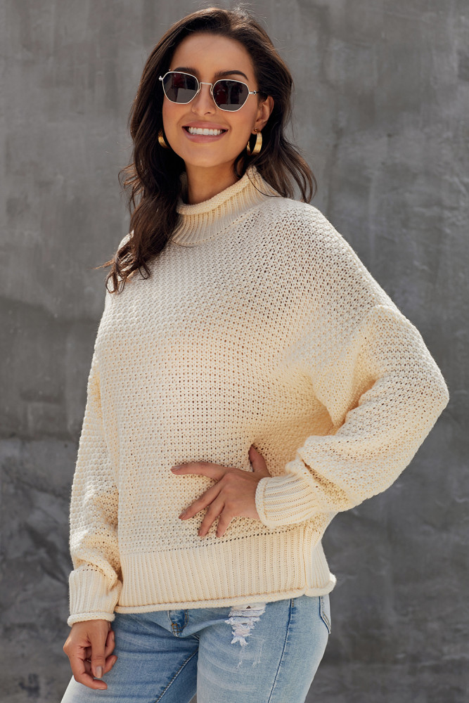 Beige Oversized Chunky Batwing Long Sleeve Turtleneck Sweater
