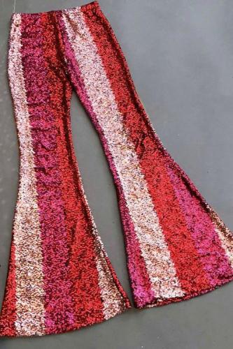 Red Color Block Sequin Wide Leg Pants