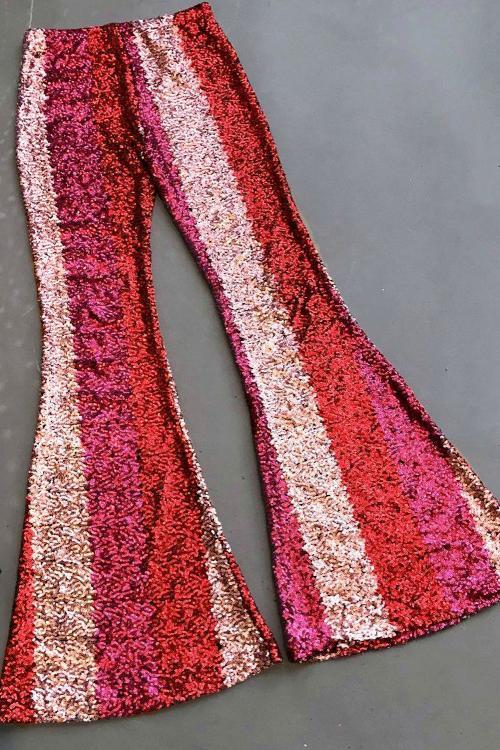 Red Color Block Sequin Wide Leg Pants