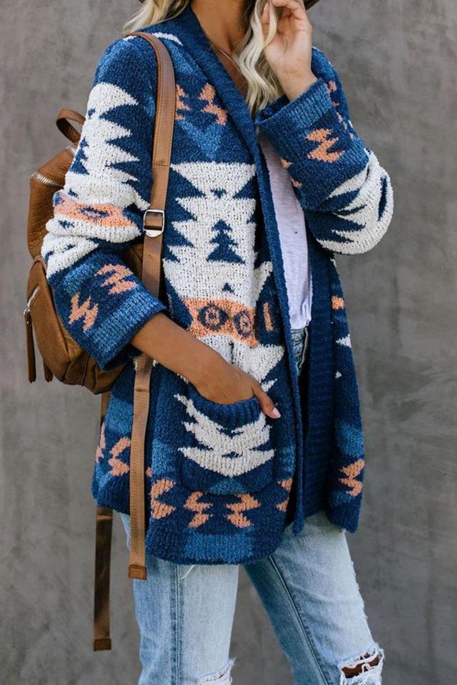 Blue Moraga Pocketed Aztec Cardigan