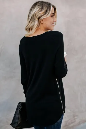 Black Zip Side V Neck Long Sleeve Pullover Top