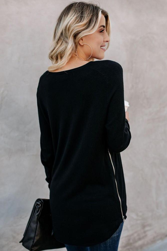 Black Zip Side V Neck Long Sleeve Pullover Top