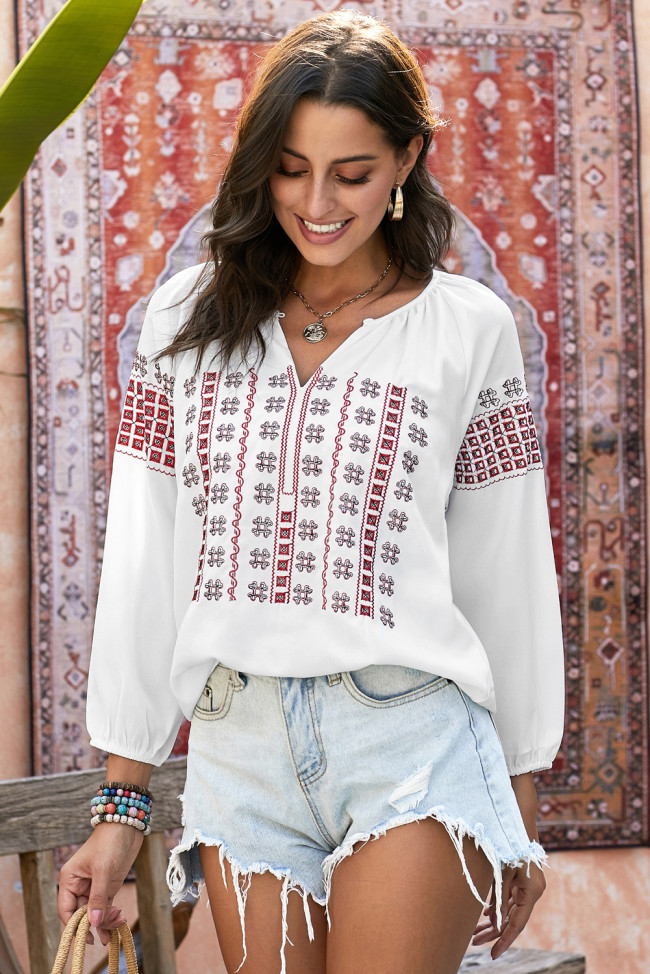 Red Ethnic Embroidery V Cut Neck 3/4 Sleeve Top