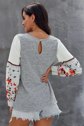 Gray Contrast Printed Sleeve Knit Sweatshirts
