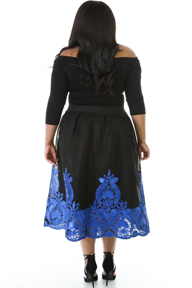 Blue Lacy Embroidery Tulle Skirt Curvy Skater Dress