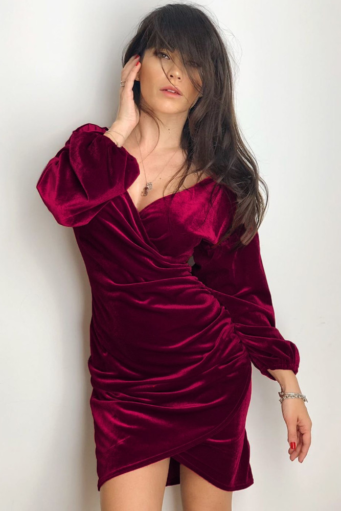 Red Puff Sleeve Off Shoulder Wrap Bodycon Velvet Dress