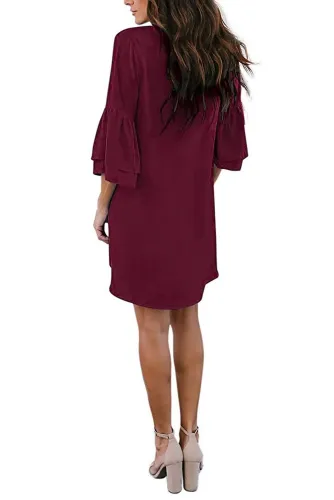 Red V Neck Buttoned Bell Sleeve Shift Shirt Dress