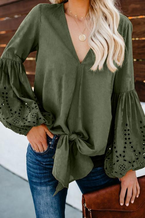 Green Rhapsody Cotton Balloon Sleeve Tie Top