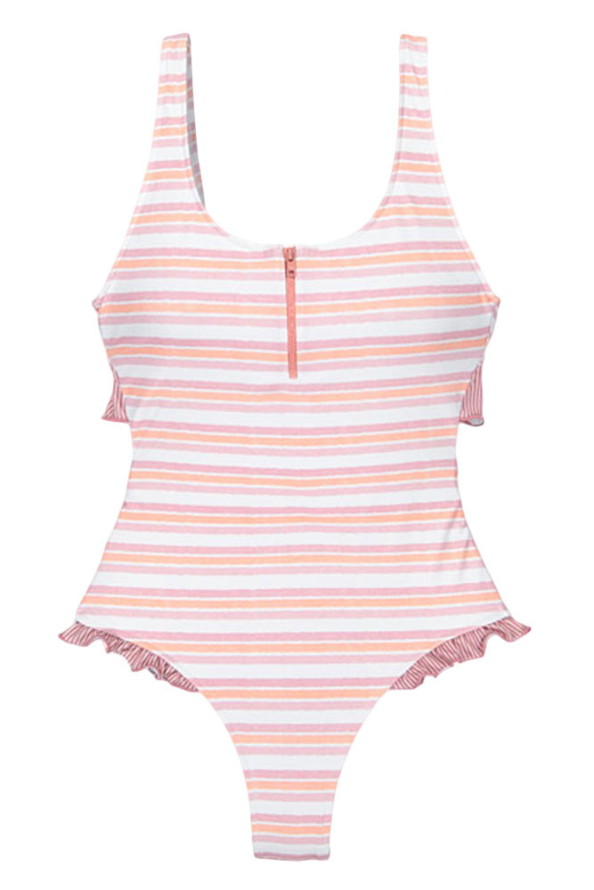White Striped Print Cheeky Monokini Swimsuit