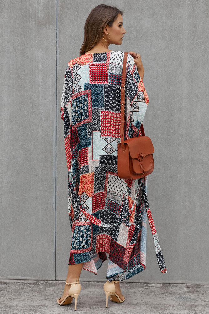 Geometric Plaid Bohemian Style Tie Kimono