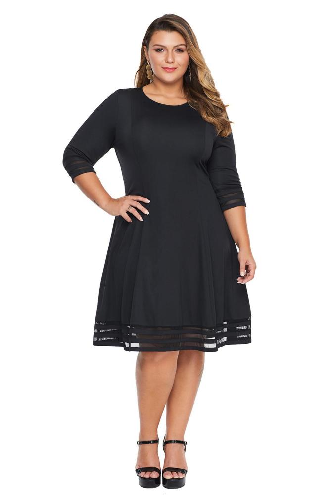 Black 3/4 Length Sleeve Gauze Patchwork Flare Plus Size Dress