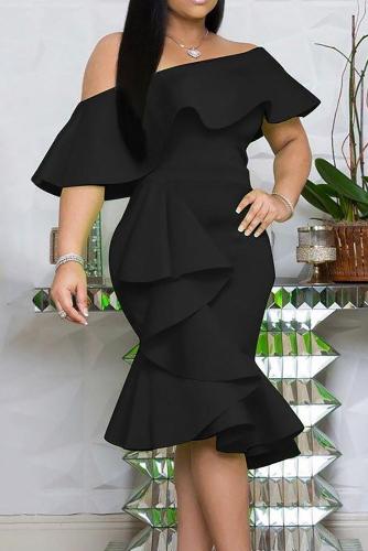Black Stylish Off The Shoulder Ruffle Design Knee Length Dress