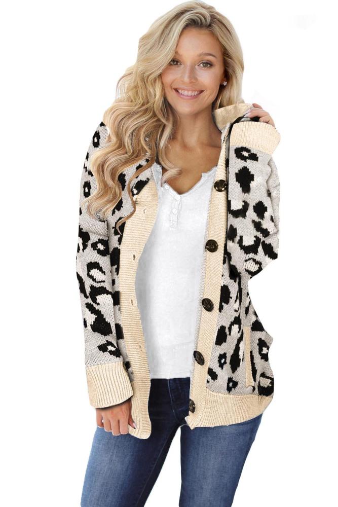 Beige Long Sleeve Button-up Hooded Leopard Print Cardigan
