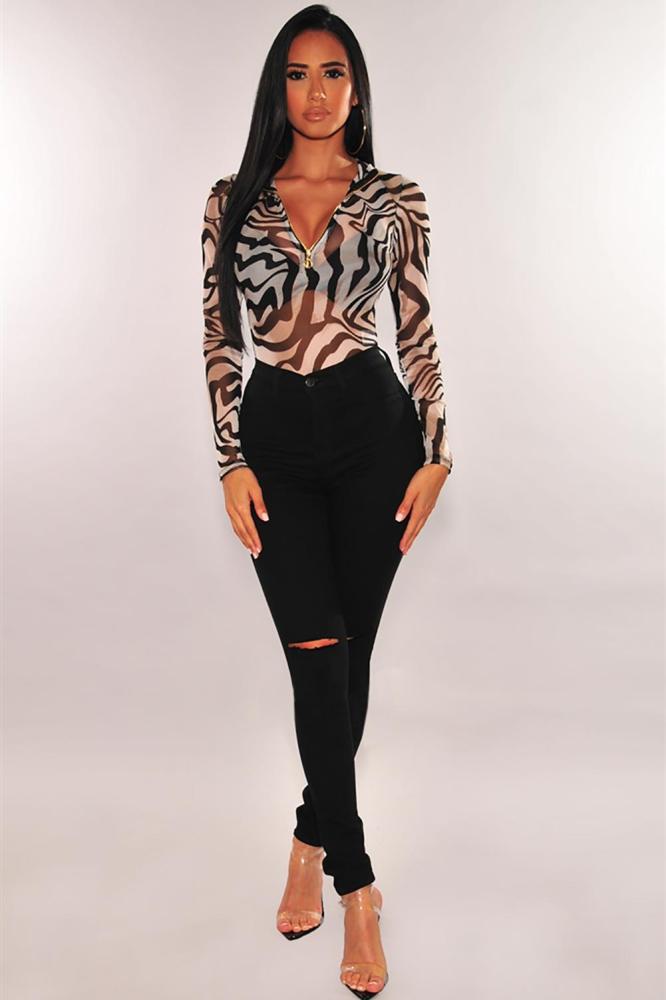 Zebra Print Mesh O-Ring Zipper Bodysuit