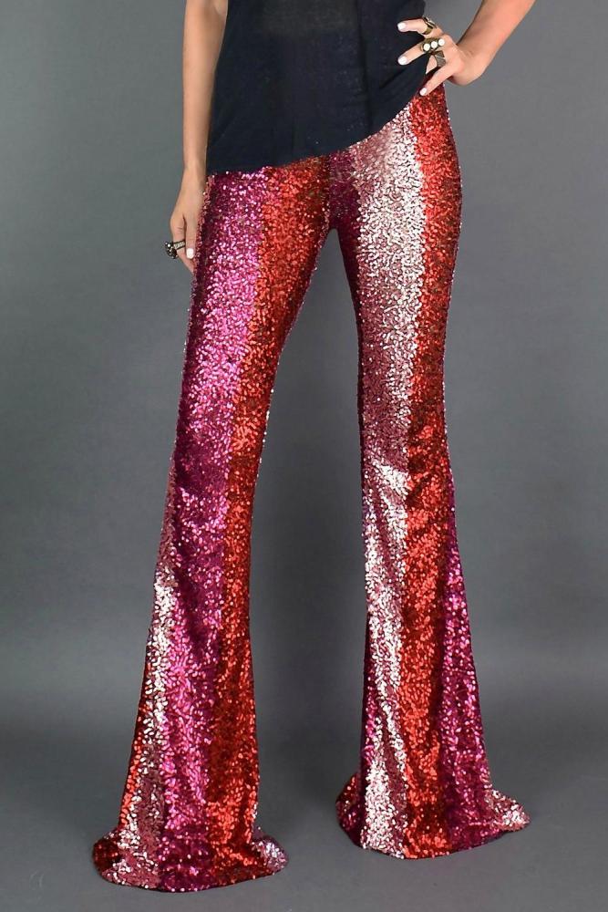 Red Color Block Sequin Wide Leg Pants