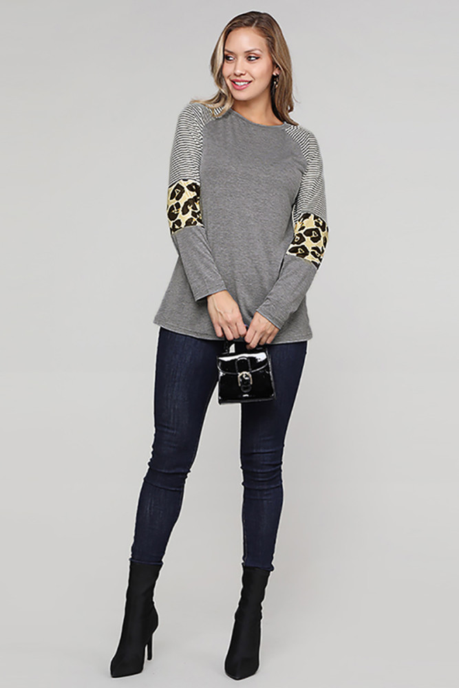 Gray Striped and Leopard Color Block Sleeves Top