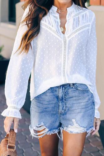 White Swiss Dot Stand Collar Blouse