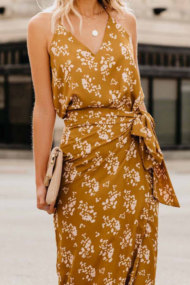 Yellow Floral Wrap Midi Dress