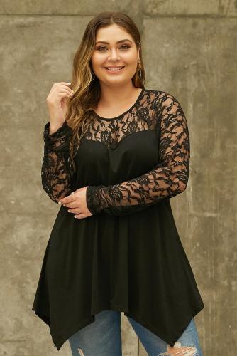 Black Plus Size Lace Yoke Stitching Asymmetic Hemline Top