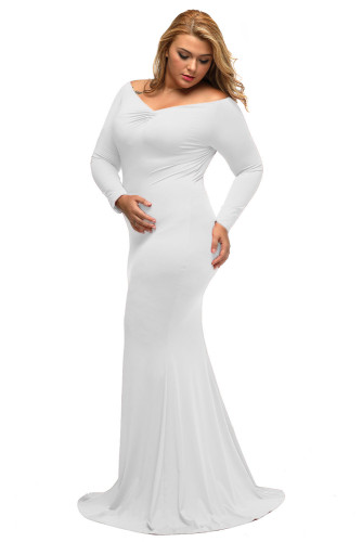 White Off-shoulder V Neck Long Sleeve Plus Long Dress