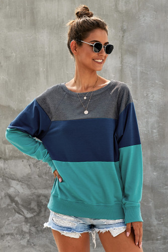 Green Raglan Sleeve Color Block Pullover Sweatshirt