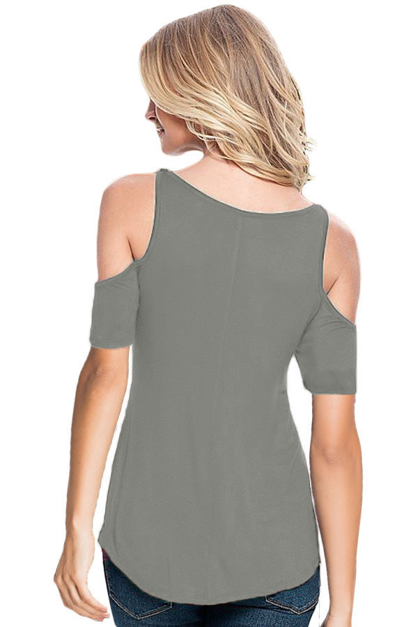 Crochet Detail Gray Cold Shoulder Short Sleeve Top