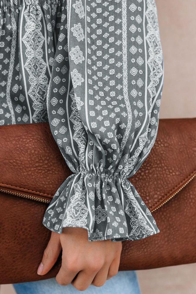 Gray Bohemian Print Shirred Bodice Tunic Top