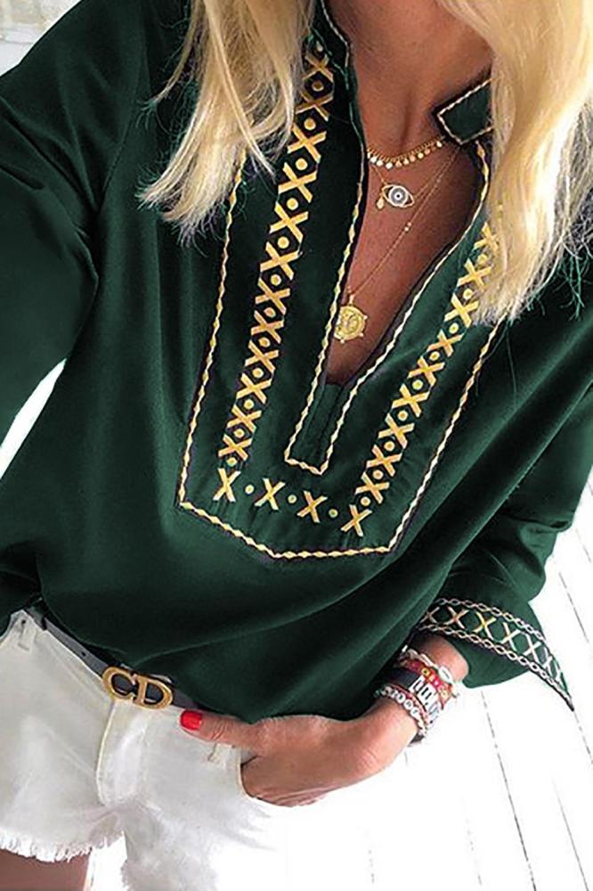 Green Boho Embroidered V Neck long Sleeve Casual Top