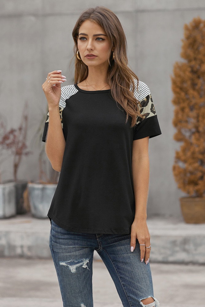 Black Striped Leopard Print Short Sleeve Women T-shirt