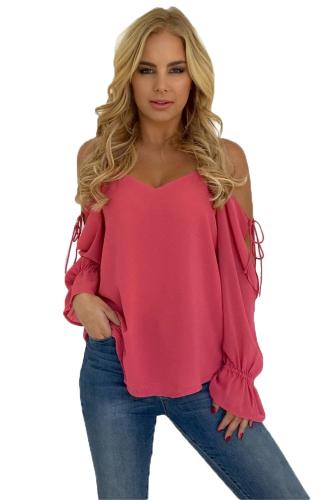 Rose Spaghetti Strap Cold Shoulder Long Sleeve Top