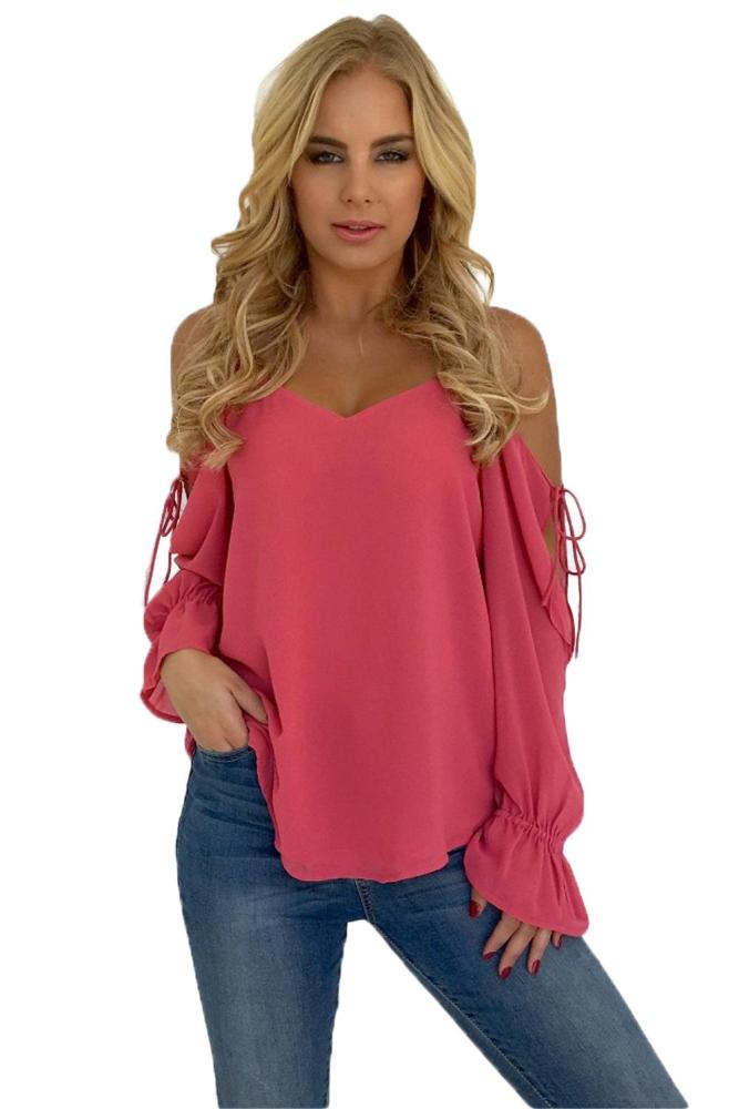 Rose Spaghetti Strap Cold Shoulder Long Sleeve Top