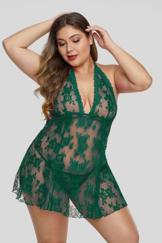 Green Open Back Floral Lace Plus Size Lingerie