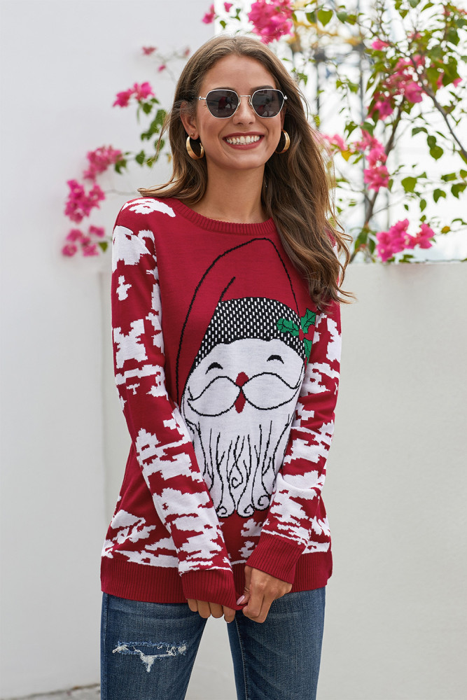 Red Reindeer Santa Clause Cartoon Print Ugly Christmas Sweater