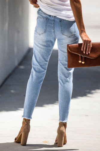 Sky Blue Distressed Drawstring Denim Skinnies