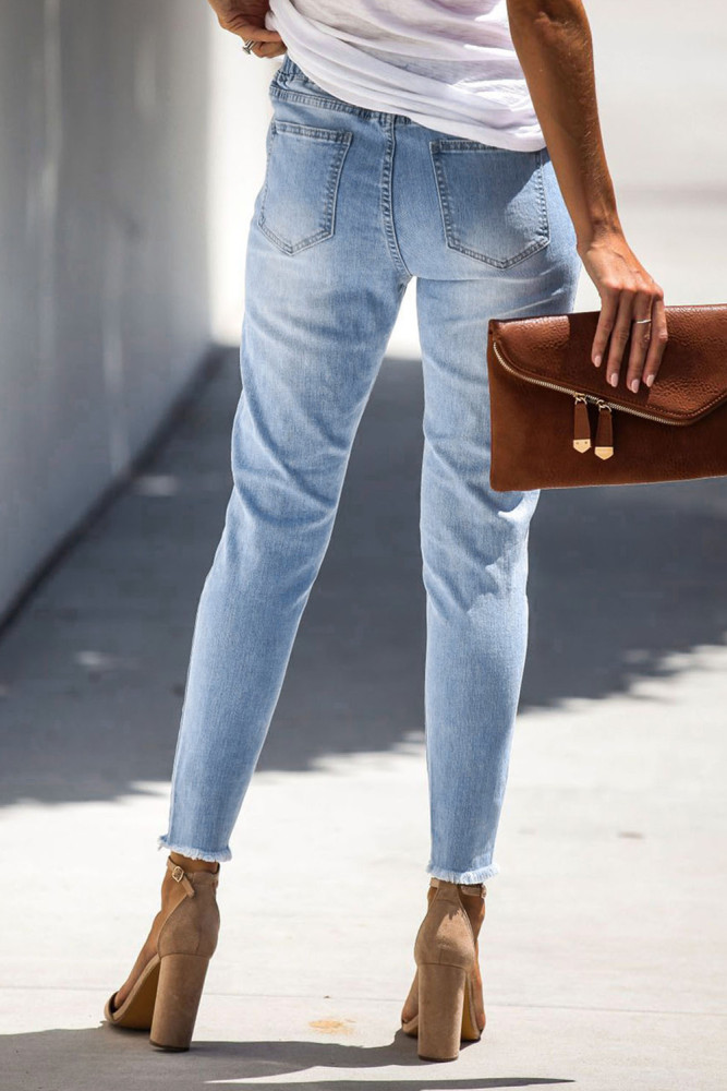Sky Blue Distressed Drawstring Denim Skinnies