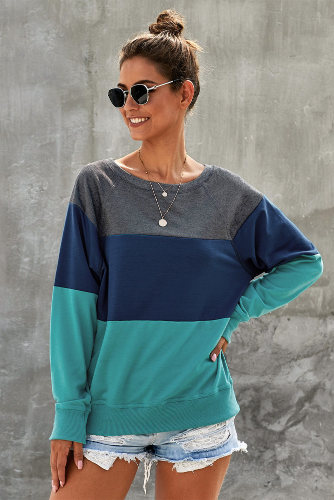 Green Raglan Sleeve Color Block Pullover Sweatshirt