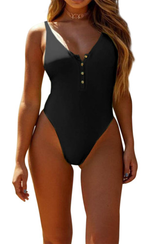 Black Snap Button Front Sunbathing Swimsuit