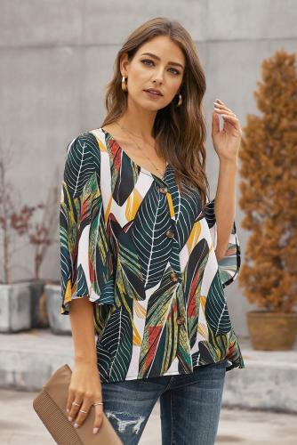 Green Tropical Leaf Print Button Down Blouse