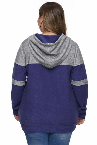 Blue Color Block Pullover Plus Size Hoodie with Pocket