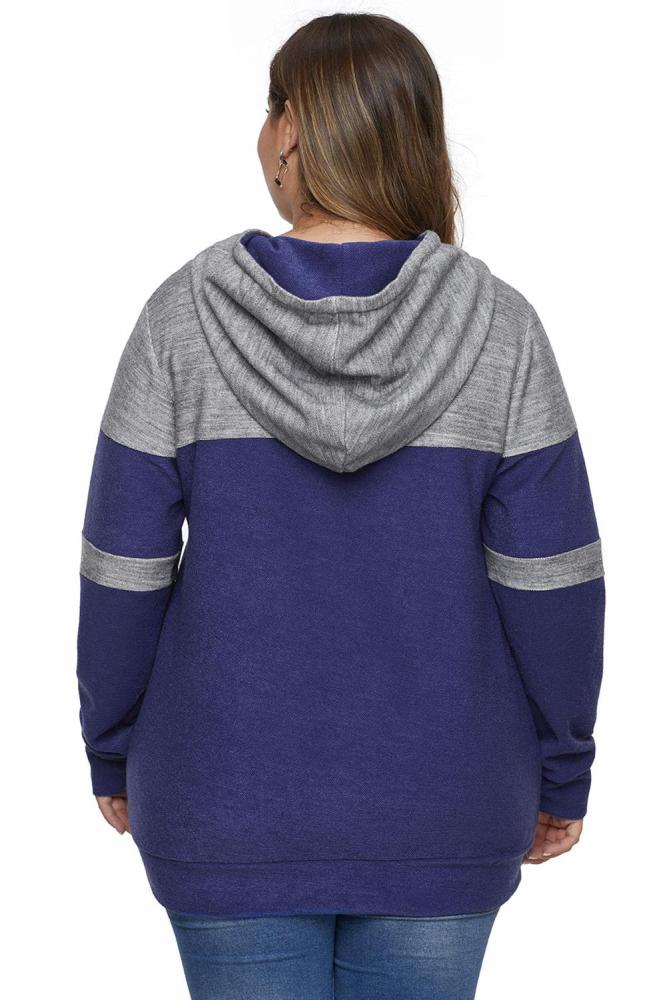 Blue Color Block Pullover Plus Size Hoodie with Pocket