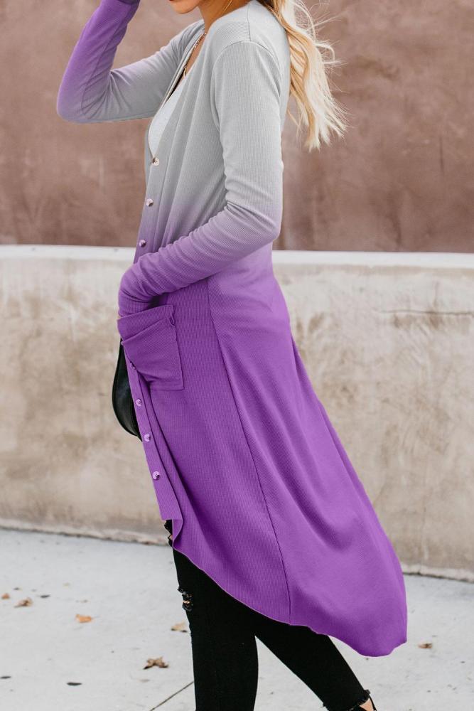 Purple Ombre Button Down Pocketed High Low Cardigan