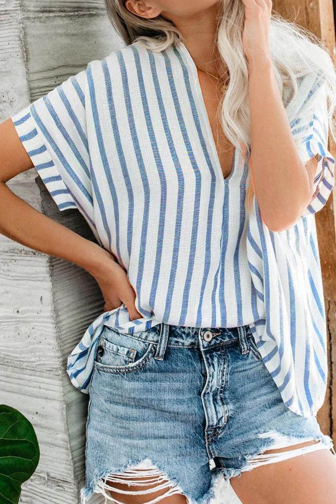 Sky Blue Windows Down Striped Cotton Top