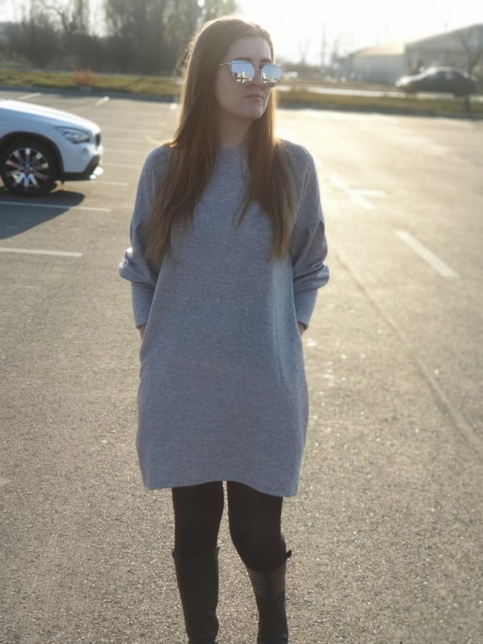 Gray Autumn Winter Long Lantern Sleeve Knitted Sweatshirt Dress